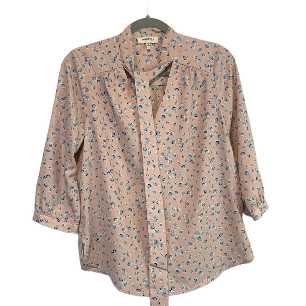 Monteau Floral Print Pink Tie Front Blouse